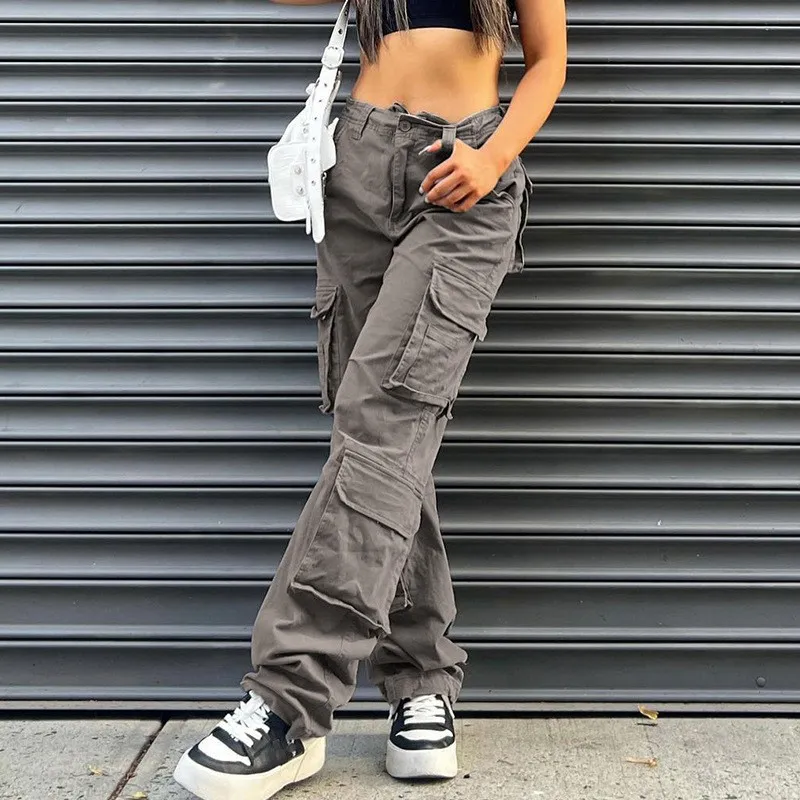 

Vintage Casual Y2K Cargo Pants Women's Fashion Skinny Straight Leg Trousers High Waisted Multi Pocket Solid Colour Loose Pants