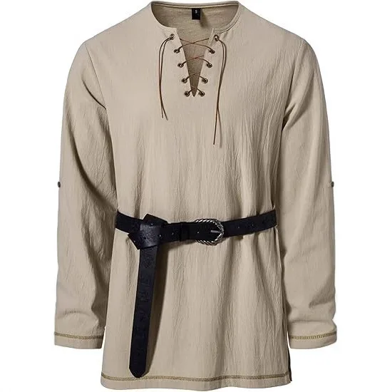 Men\'s Medieval Lace Up Tunic Shirt Renaissance Viking Pirate Costume Long Sleeve Retro Tops with Belt for Halloween Cosplay