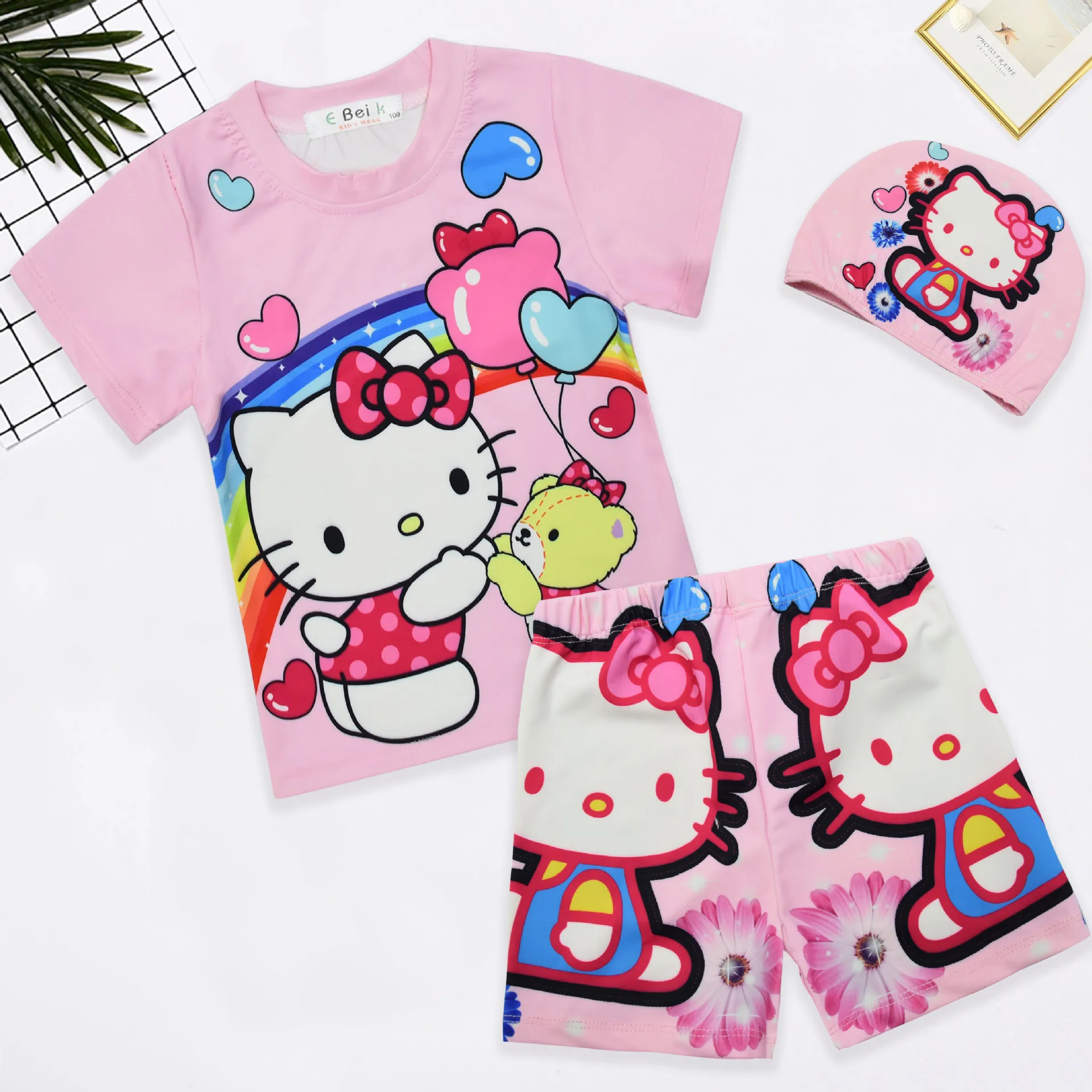 2024 New HelloKittys Children's Swimsuit Girls' Hot Spring Beach Swimwear Three-piece Set Sportswear & Accessories Bathing Suit