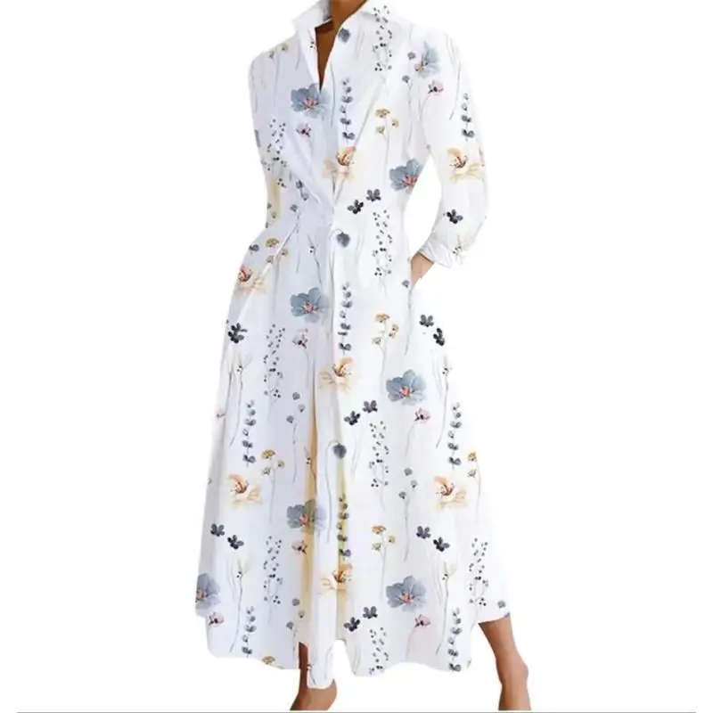 Elegant Women's A-line Long Shirt Dresses Spring Summer Office Lady Fashion V-neck Long Sleeve Printing Dress Female's Clothing