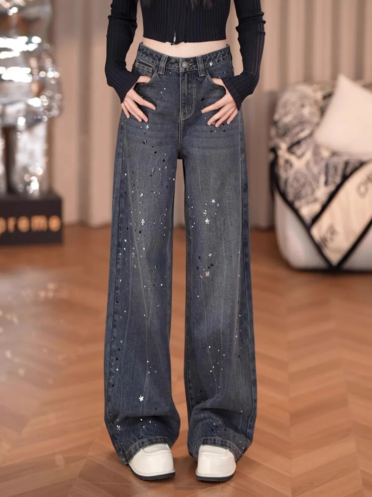 

Tianxing, осень 2023, новые тяжелые широкие джинсы со стразами, женские прямые брюки-клеш с высокой талией, повседневные женские джинсы