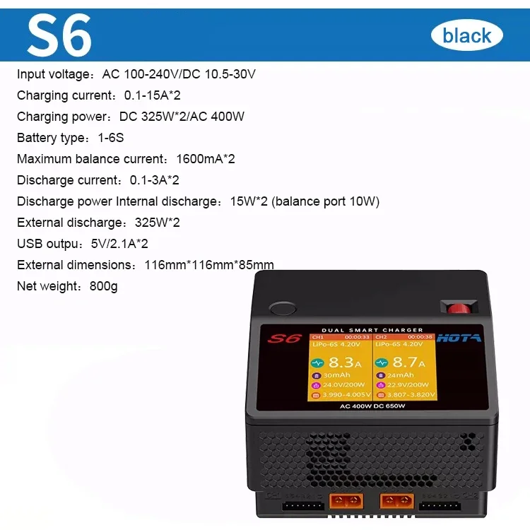 HOTA S6 AC 400W DC 600W Dual Channel Smart Charger with USB-A Type-C for RC Lilon LiPo LiFe LiHV NiCd NiMH PB