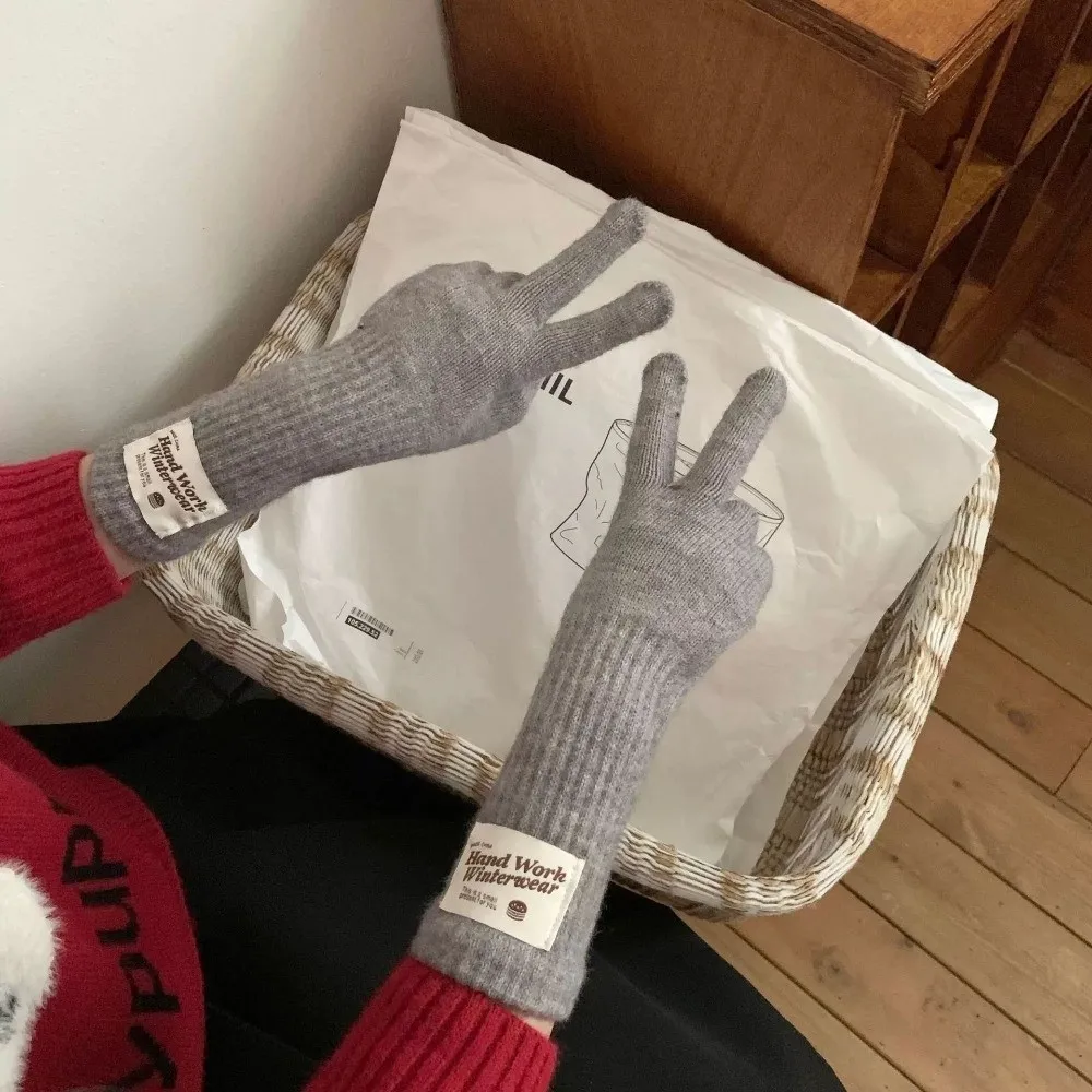 Long Solid Color Open Tip Touch Screen Gloves Acrylic Material One Size Winter Knitted Gloves Warm Five Finger Gloves For Women