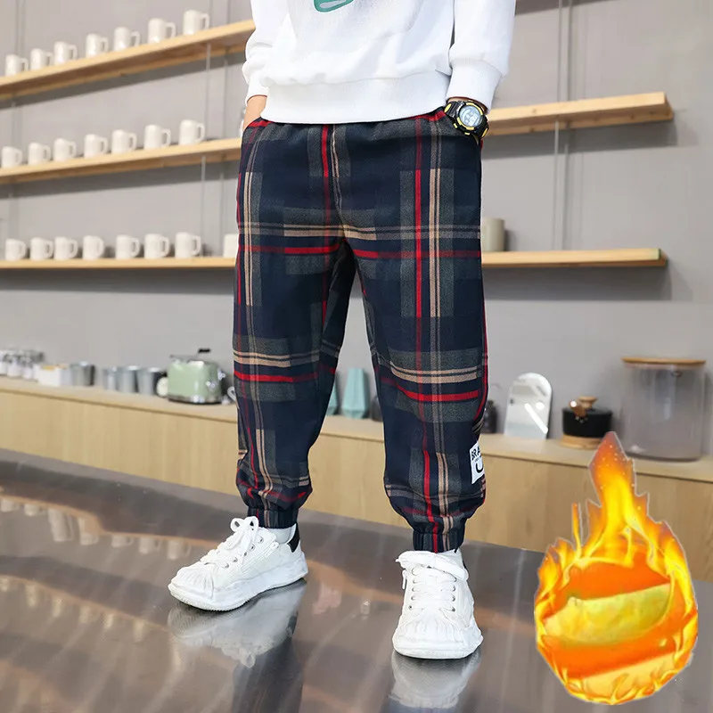 Autumn Winter Trousers for Boys Kids 3-12 Years Plus Fleece Thermal Warm Plaid Patter Casual Pants