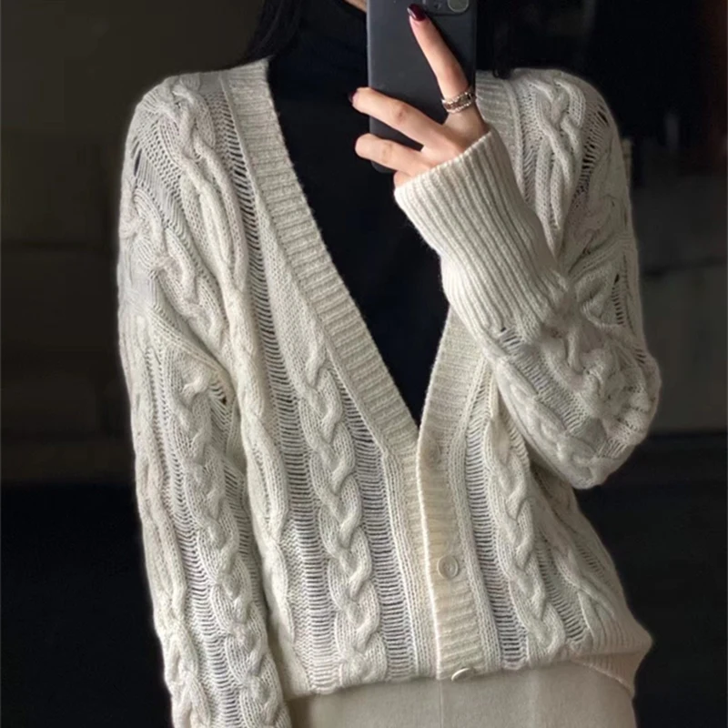 2023 Winter V-neck Cardigan Sweater Hollow out Fried Dough Twists Loose Wool Knit Solid Top  Women's Clothing