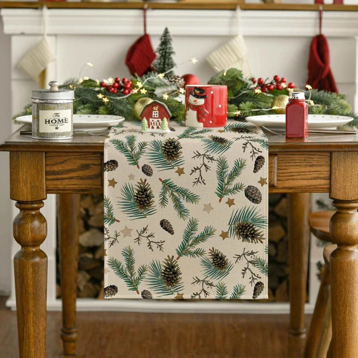 Christmas Pine Cone Leaves Star Table Runner Party Decor Reusable Winter Xmas Pine Needle Table Runners Christmas Decoration