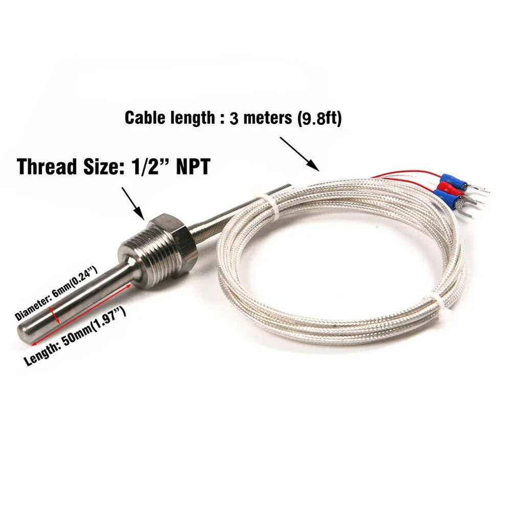 RTD Pt100 Temperature Sensor Stainless Steel Probe 3 Wires 3Meters Cable -50~200 ℃ 8mm Probe Part Diameter