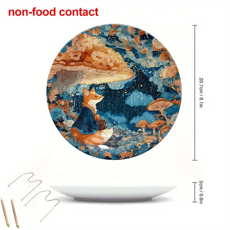 1pc 8-Inch Round Ceramic Hanging Wall Art Plate, Vintage Decorative Fox and Mushroom Fantasy Scene, Perfect for Home Décor,