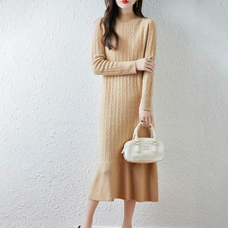 100% Wool Women's Long Dress, Mock Neck Cable Knit Flared Hem Solid Color Dress, Autumn Winter Slim Woolen Maxi Dress