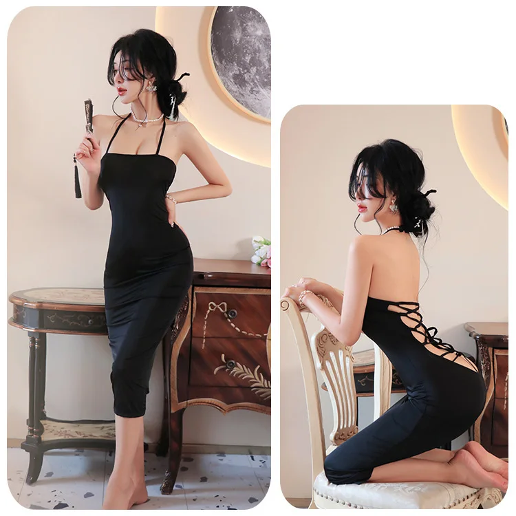 Erotic lingerie Elegant evening dress with suspender long skirt backless strap and strap women\'s ethical underwear l Sex shop