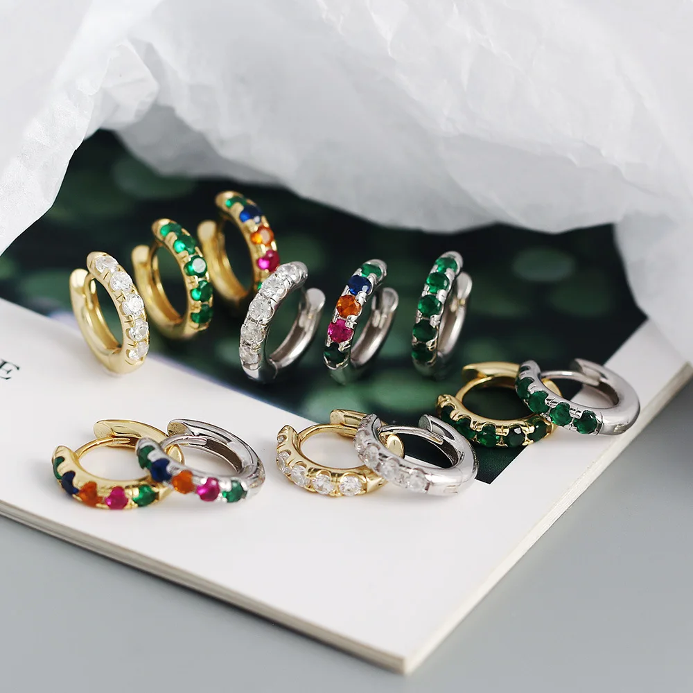 CCFJOYAS High Quality 8.5mm 925 Sterling Silver Hoop Earrings for Women Light Luxury White/Green/Colorful Zircon Circle Earrings