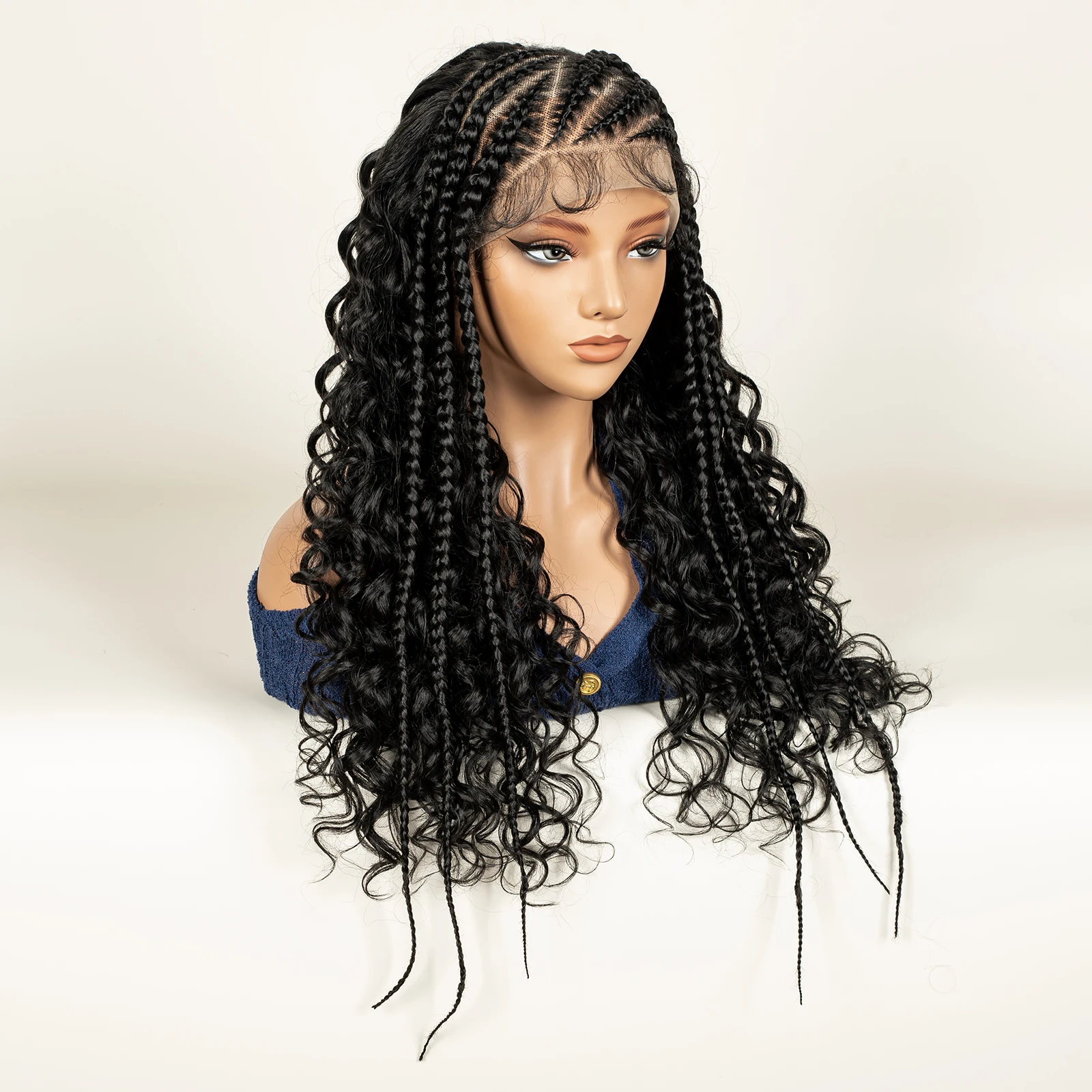 Fits Black WomenHalf Cornrow Braided Curly Hair Wig Transparent 13x6 Lace Frontal Deep Wave Synthetic Hair Wig with Baby Hair