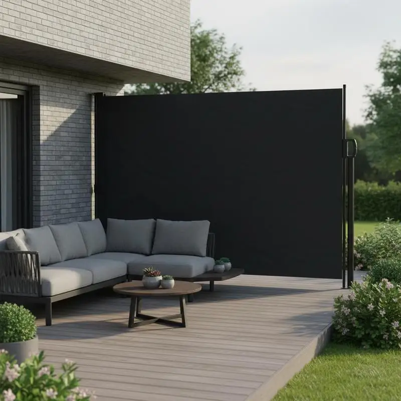 Auvent latéral rétractable noir 140×300 cm, toile en polyester avec revêtement PU imperméable et anti-UV, structure en acier et aluminium. Comprend un kit de montage, enrouleur automatique, pour balcon, terrasse et jardin.