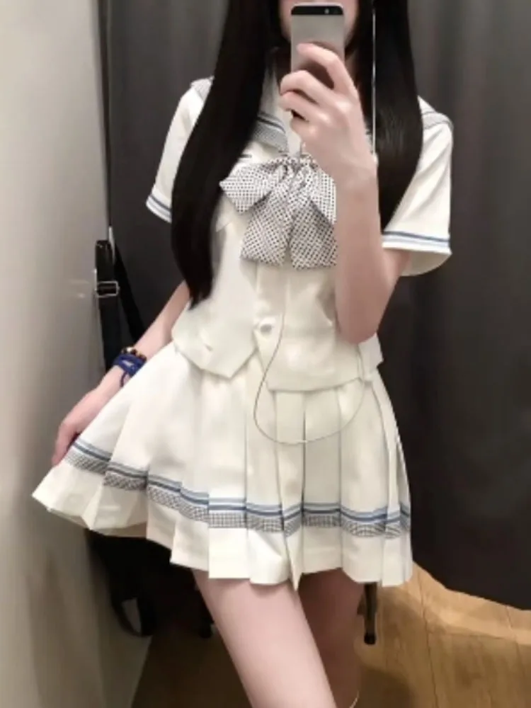 

Школьная летняя форма Jk в японском стиле, комплекты с бантом, матросский топ с короткими рукавами + плиссированная короткая юбка с высокой талией, женский комплект из двух предметов