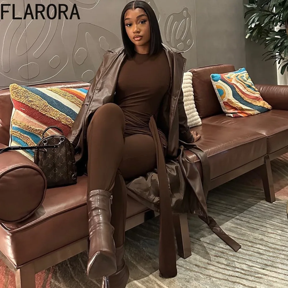 FLARORA Jumpsuit Patchwork Pita Elegan Wanita Warna Solid Leher Bulat Lengan Panjang Bodycon One Piece Playsuits Pakaian Klub Pesta