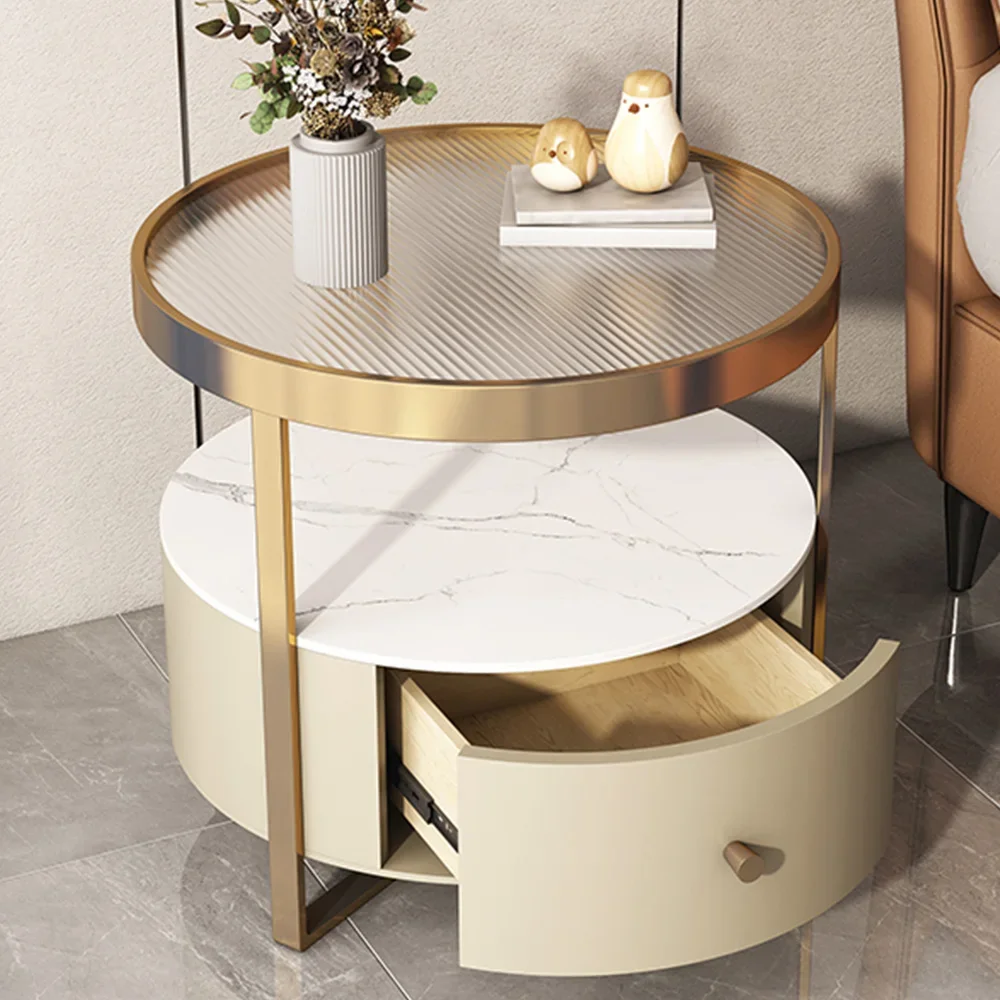 

m Modern Luxury White Gold Glass Top Bedside Table Round Nightstand Bedside Tables Living Room Sofa Side Storage Coffee Table m