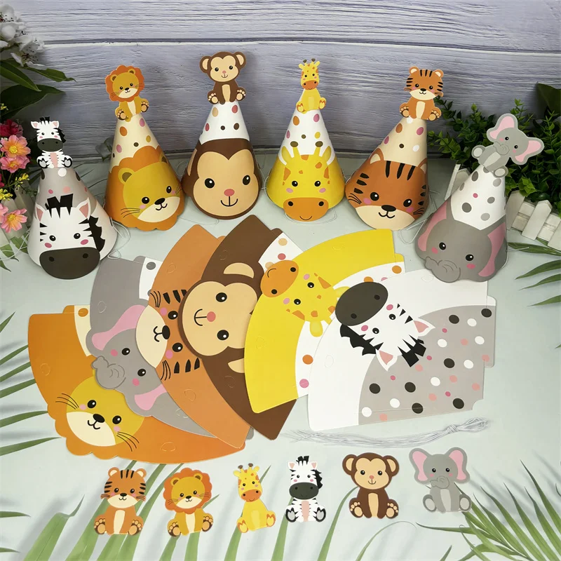 6Pcs Dschungel Tier Papier Hut Kinder Glücklich Geburtstag Party Photo Booth Requisiten Baby Dusche Junge Mädchen Geburtstag Caps Dschungel party Supplie
