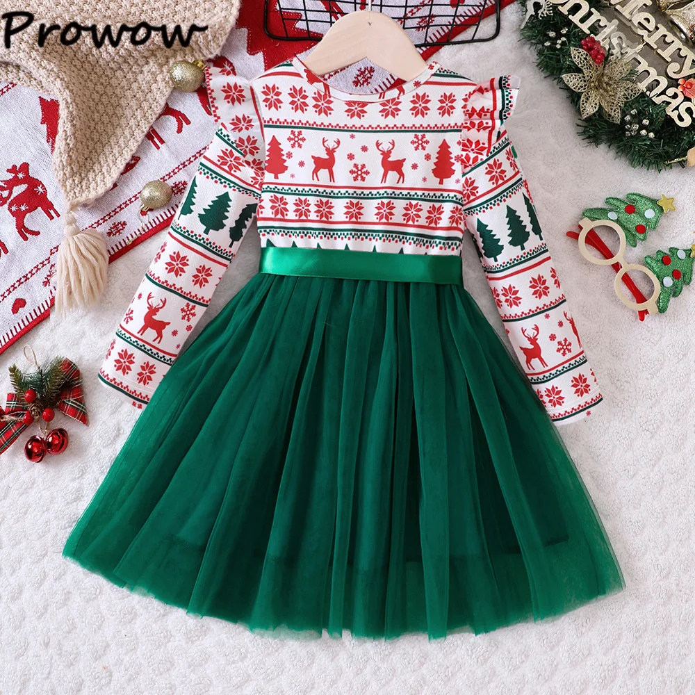 Prowow 3-7Y Kids Christmas Dresses For Girls Red Deers Print Belted Dress New Year Costume For Children Christmas Clothing 2025