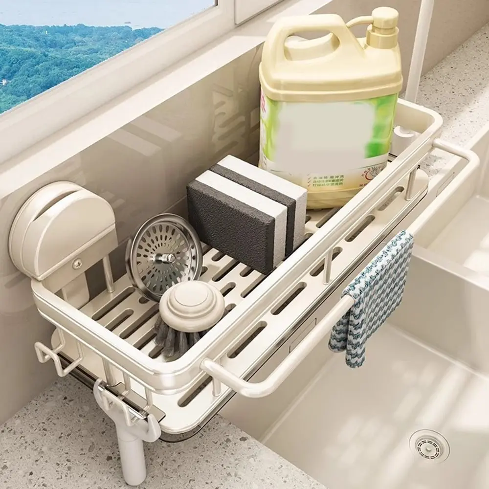 Space Aluminum Suction Cup Dish Sponge Holder Punch Free Waterproof Shampoo Bottle Shower Rack with Water Tray Wall-Mounted