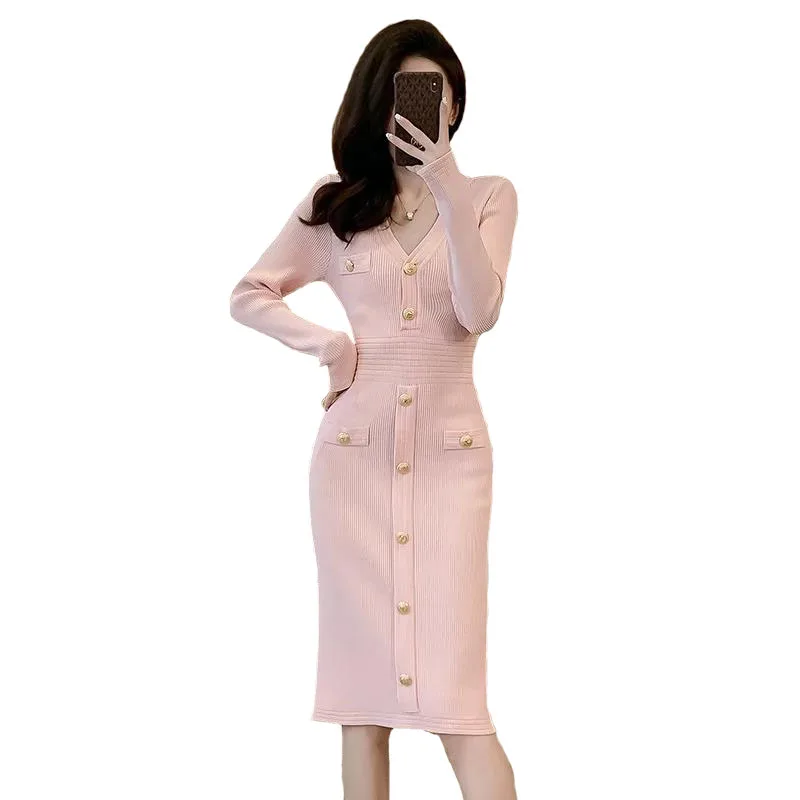 

Long Sleeve Single Breasted Thick Warm Sweater Midi Dress Autumn Winter French Elegant Stretch Slim V Neck Silk Knitted Vestidos