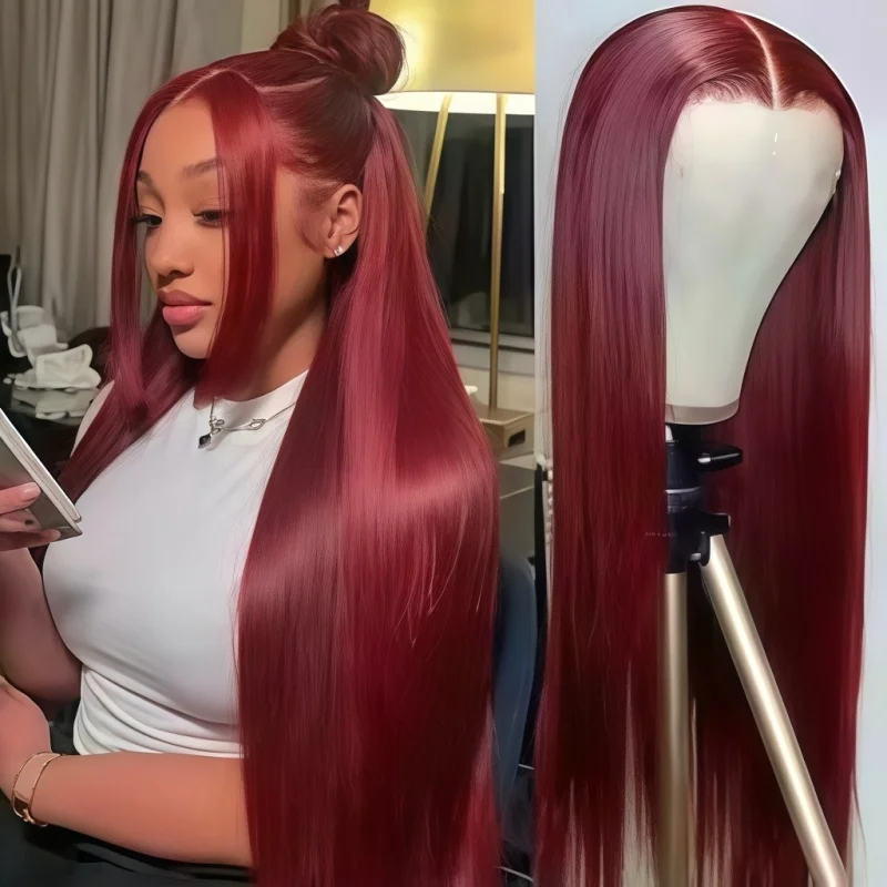 34 Inch 99J Burgundy Straight Brazilian Human Hair Wig 13x4 HD Transparent Lace Frontal Wig Pre Plucked Natural Hairline For Women