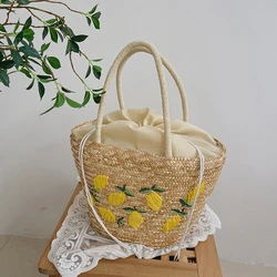 Summer Women's  Hand-woven Straw Bag Fashion Lemon Embroidery Handbag Female Holiday Travel Beach  Large Capacity Tote Bag 2022