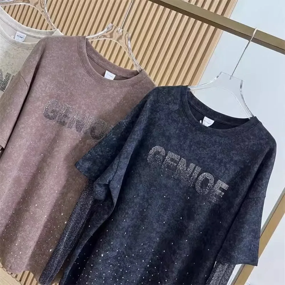 Plus Size 150kg Letter Stamping Diamonds T-shirts Women 2024 Gold Silk Long Sleeve Lady Tops False Two-piece Spring/summer Tees