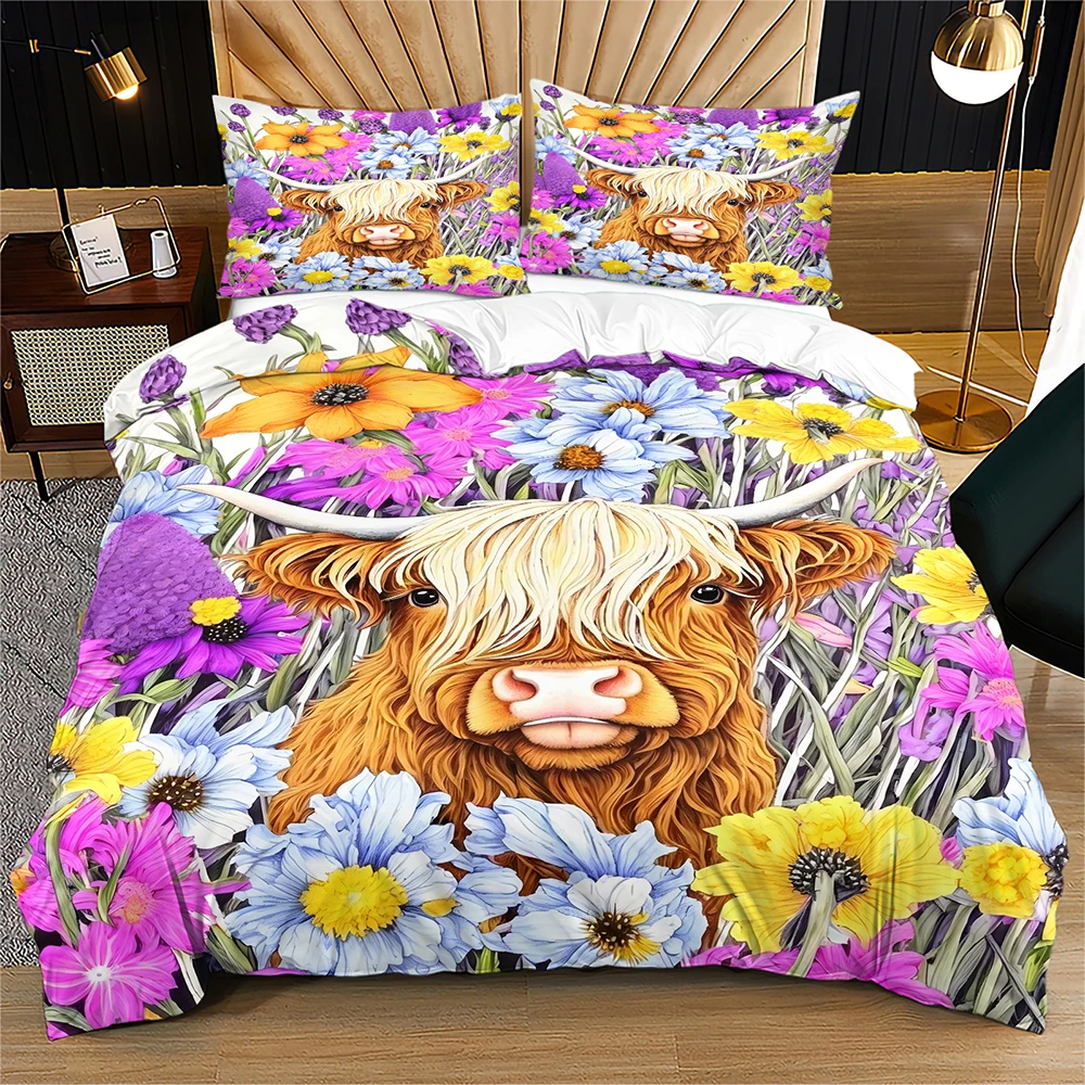 Highland Cow Wildflower Duvet Cover Set Colorful Wild Floral Scottish Highland Cow Bedding Set Twin / Full / Queen / King Size