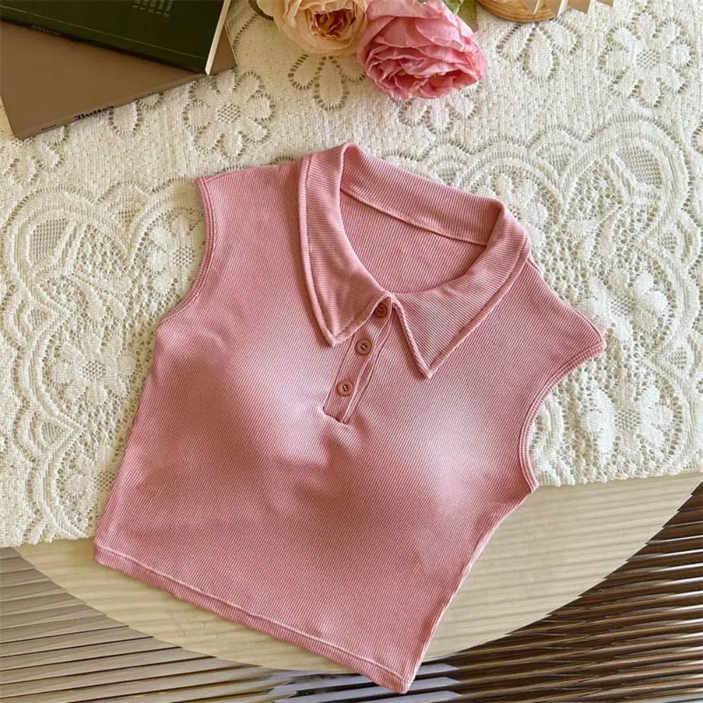 

Solid Color Korean Y2K Crop Tops with Chest Pads V-neck Polo Neck Thin T-shirt Sleeveless Cotton Slim Short Vest Summer Daily