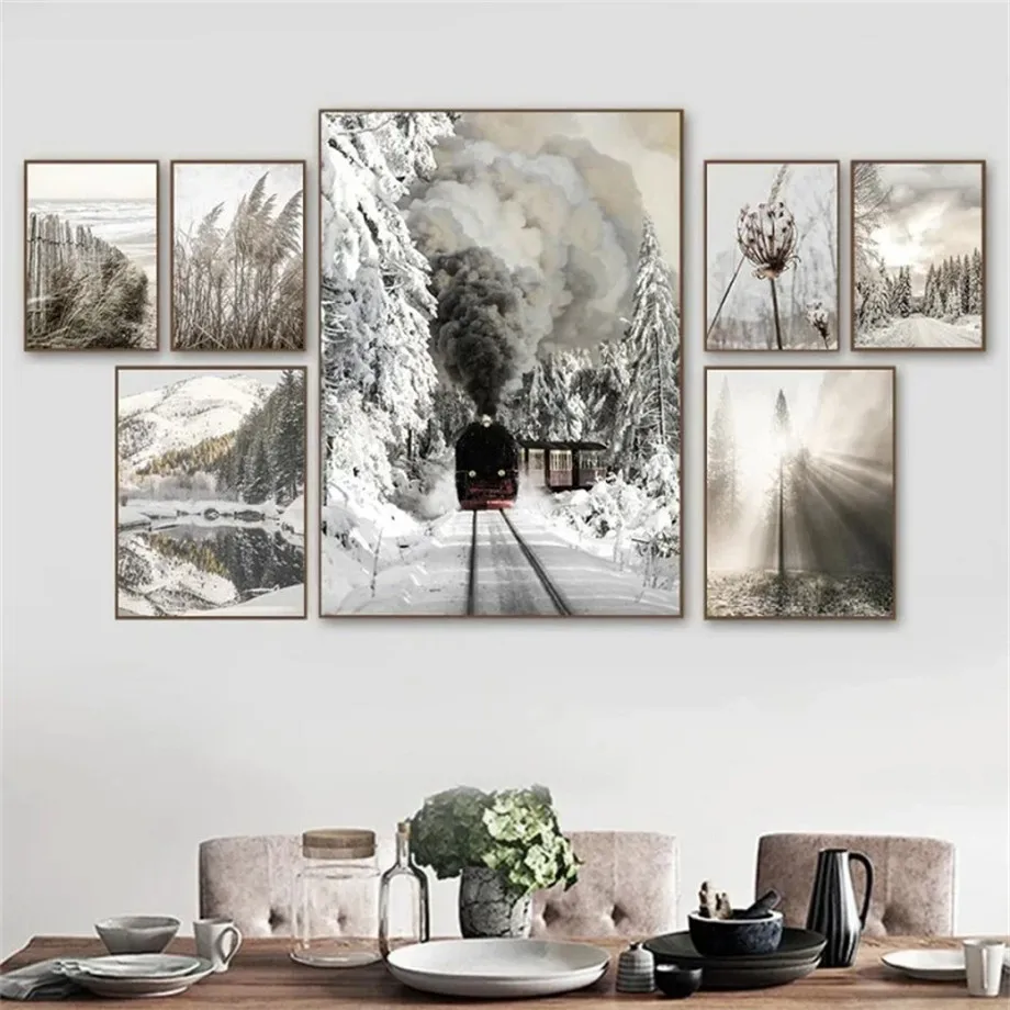 Nordic Background Wall Art Canvas Picture Winter Forest Snow Landscape Painting Sun Train Poster Gallery Decoration Mural