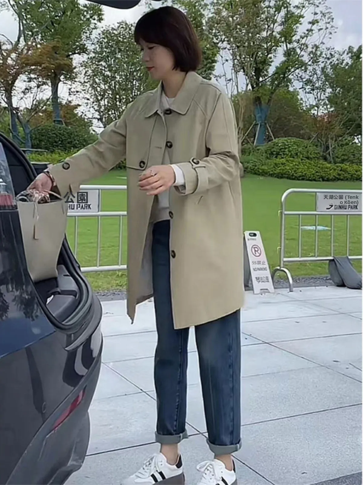 Khaki Mid-Length Women's Coat Autumn New Style British Style Loose Slimming Coat Commuter Korean Style Long Sleeve Button Pur...
