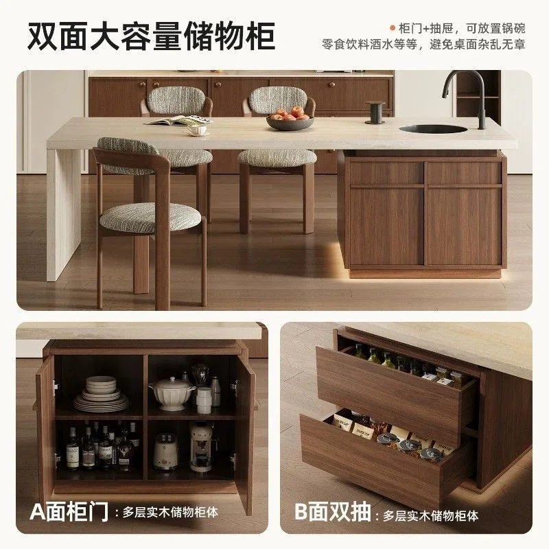 Medieval travertine rock slab island dining table integrated restaurant open kitchen storage flush operation counter bar