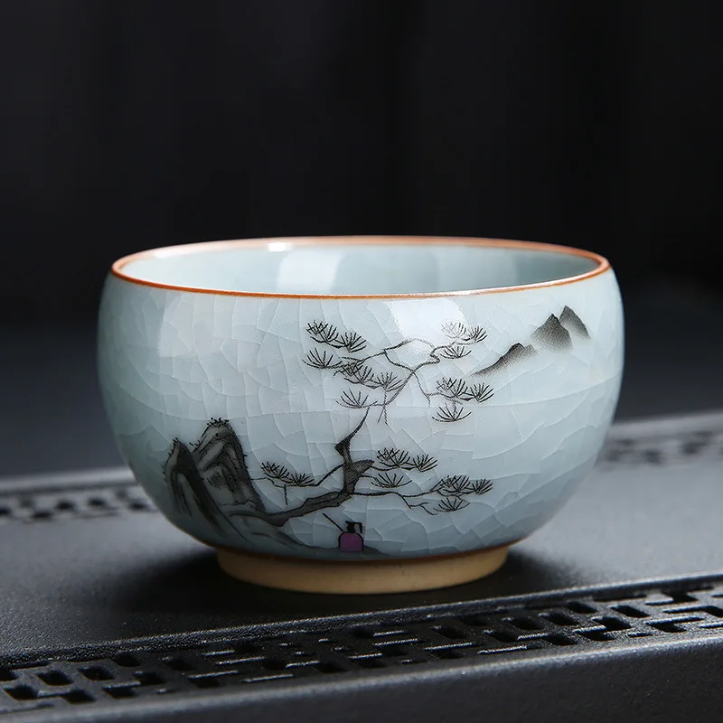 Tasse à thé tasse de dégustation en céramique peinte à la main Ru four craquelé glaçure nourrissant Pu'er Kung Fu tasse unique rétro tasse principale avec PrintLOG