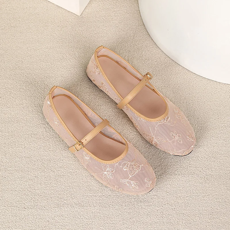 Women Mesh Embroidery String Sequins Design Ballet Flats Fashion Buckle Breathable Mary Jane Shoe Comfort Low Heel Soft Sandals