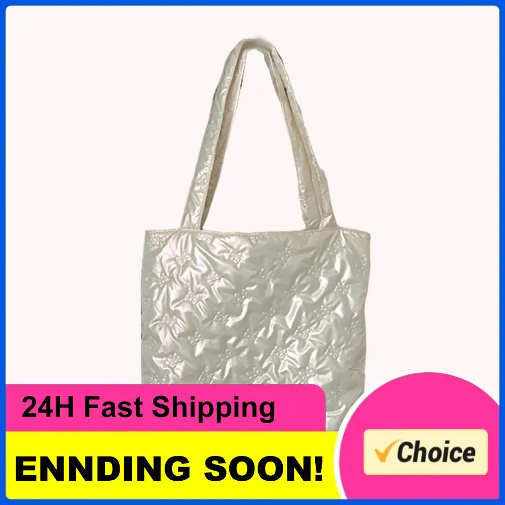 

Puffer Tote Bag for Women Cotton Padded Shoulder Bag Bow Print Puffy Purse Solid Satchel Bag