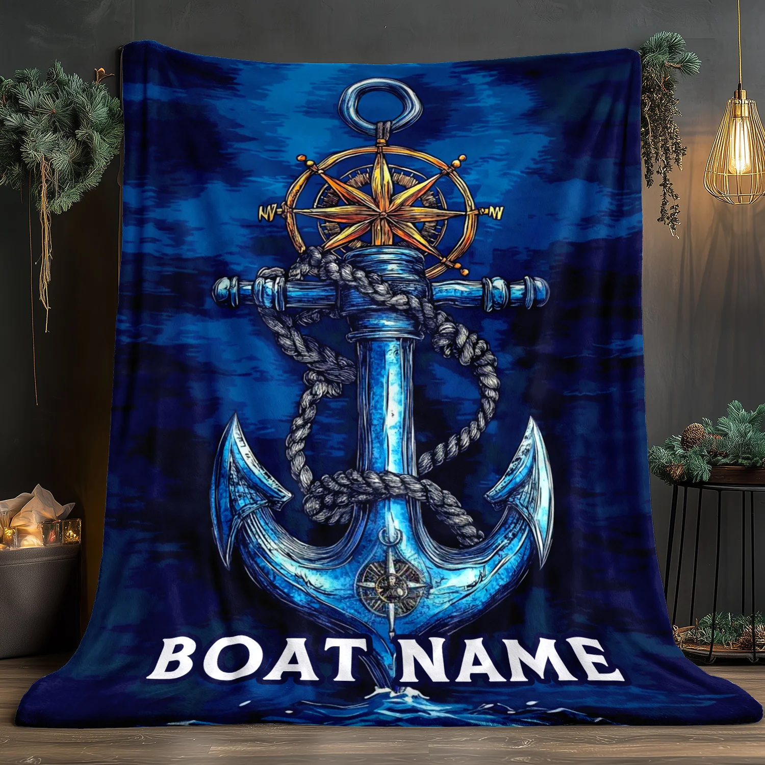 Personalized Anchor Blanket Boat Name Nautical Art Soft Fleece Throw Sailor Gift Home Decor Ocean Theme