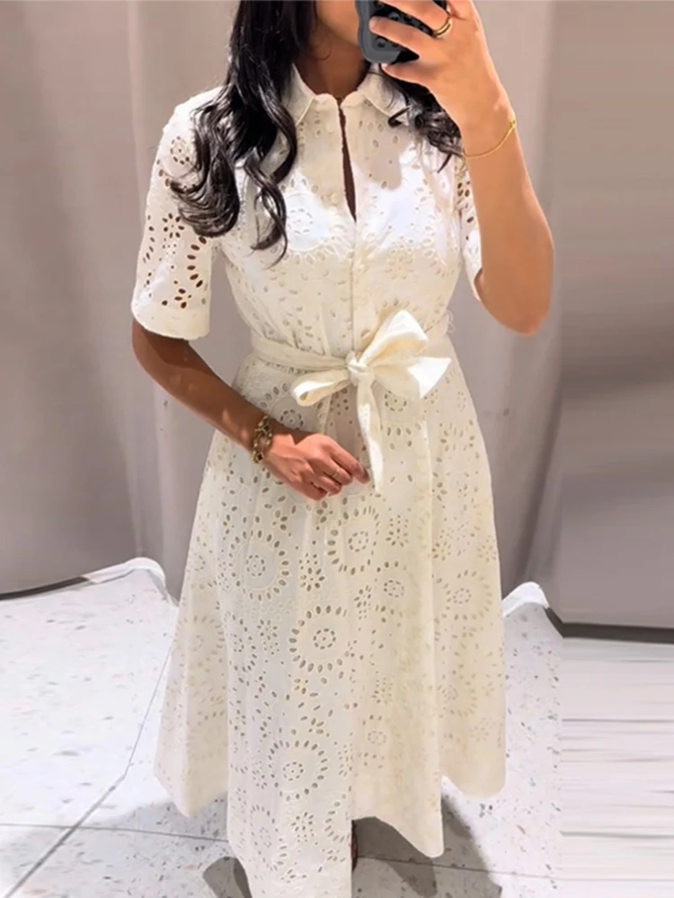 

Chic Embroidery Long Dress For Women Turn-down Collar Short Sleeve Hollow Out Lace Up Draped Robe Elegant Female Party Dresses