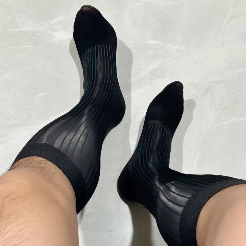 

Brand Mens Dress Socks Sheer Oil Shine Striped Nylon Stockings for Man Summer Transparent Sexy Long Socks Male Business Socks