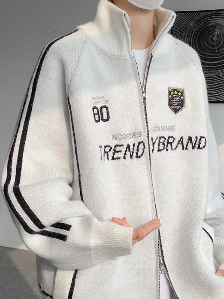 

American Retro Open Cardigan Sweater Men's Loose Large Size Stripe Knitted Lazy Sle Outerwear Autumn Winter Stand Collar