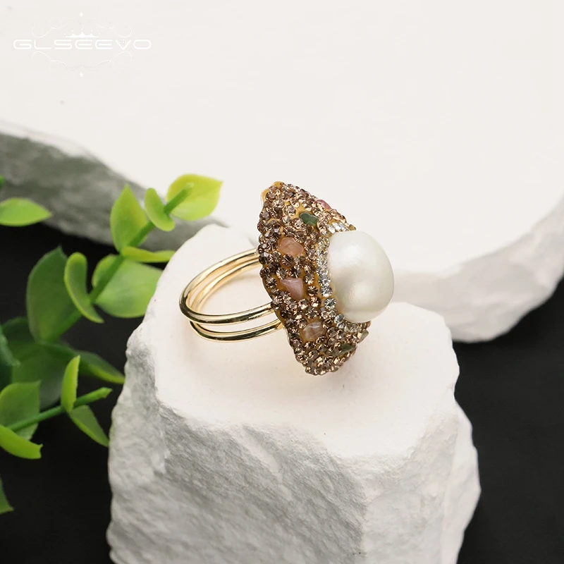 

GLSEEVO Natural Baroque Freshwater Pearl Ring Pave Pink White Rhinestone Temperament Luxury Elegant Lady Versatile Jewelry Gift