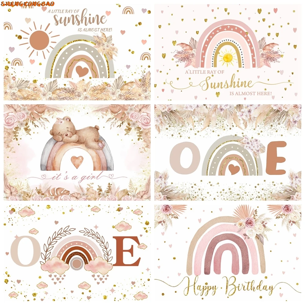 

Boho Rainbow Backdrop for Girls Boys Baby 1st Birthday Party Sunshine Flower Pampas Grass Bohemian Photography Background Decor