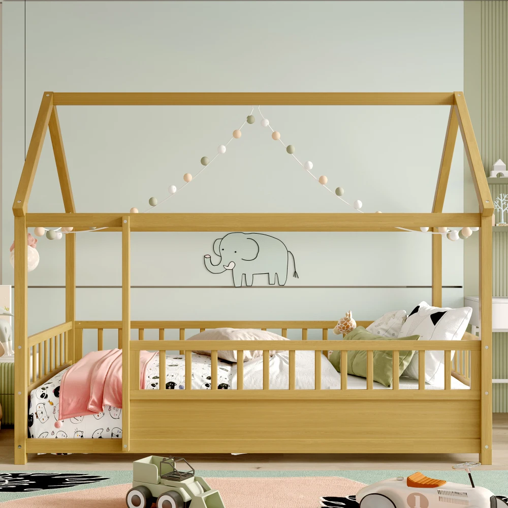 

Twin Size Floor Wooden Bed with House Roof Frame, Fence Guardrails,(Twin,Natural)