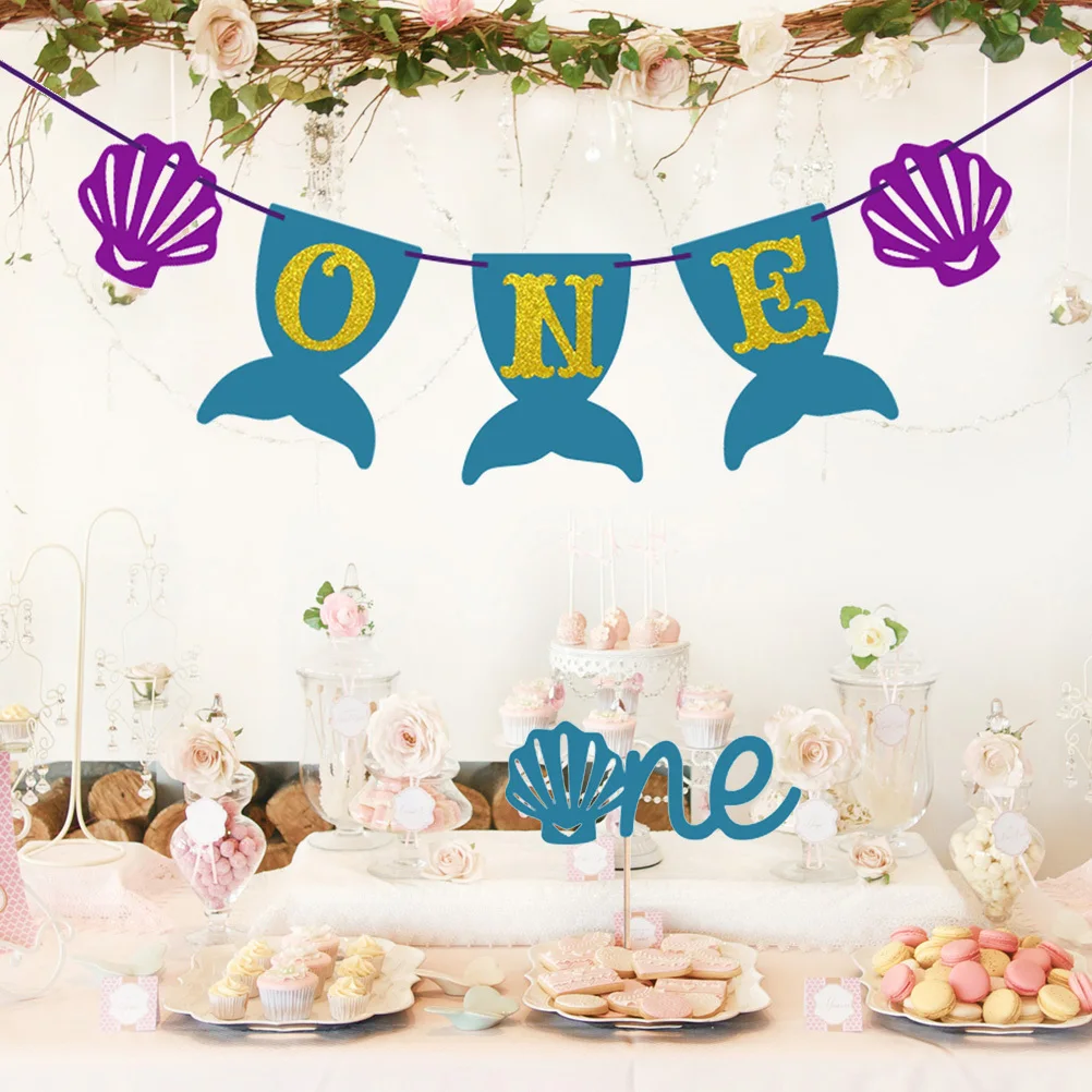 

2Pcs Mermaid Birthday Cake Topper Banner Garland Shell Kids Party Supplies Decoration Set One Banner Topper Set