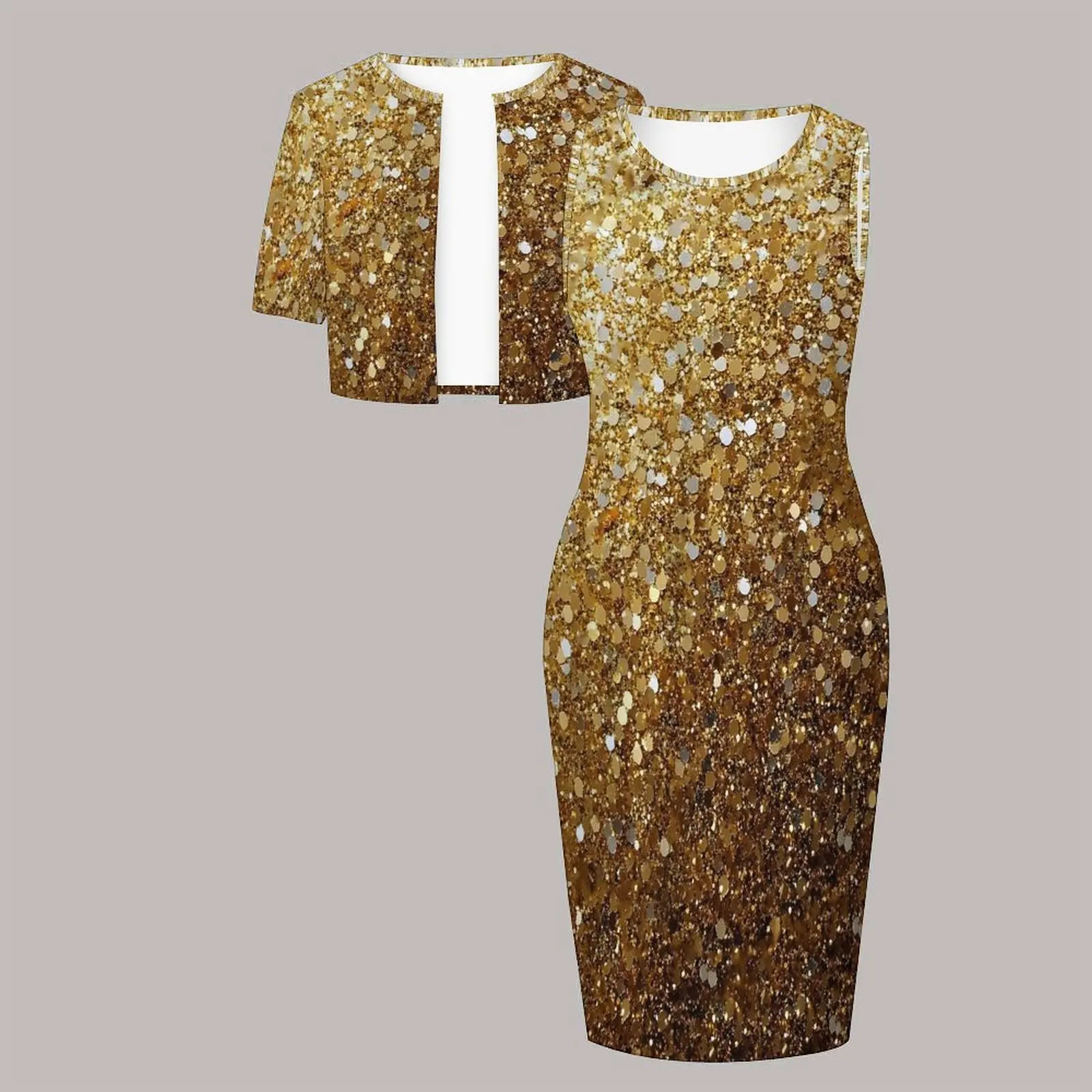 Plus Size 2pcs Round Neck Print Knee-length Skirt Women's Formal Elegant Styling Tight Dress Short-sleeved Coat Sleeveless Suit