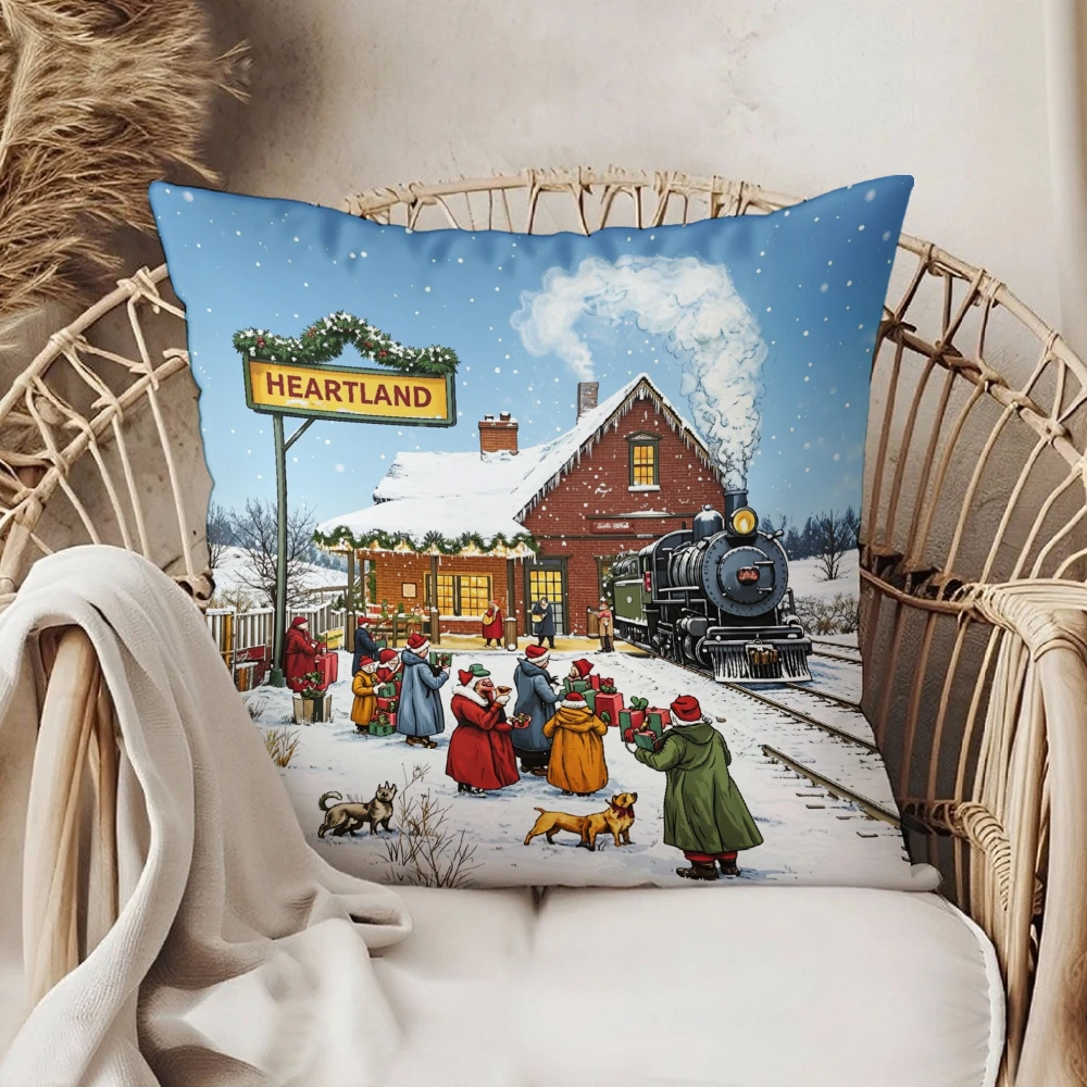 Square Throw Pillow Case Blue Vintage Christmas Train Station Heartland Sign Snowy Winter Scene Decor For Living Room Sofa