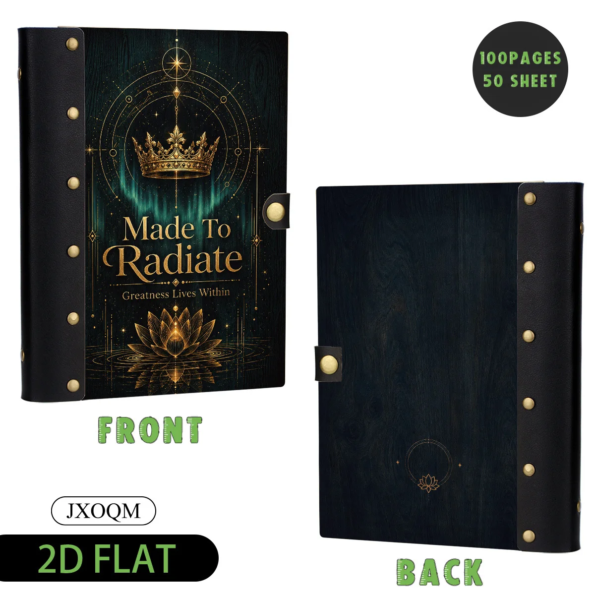 1PC Crown Lotus Made To Radiate Wooden Hardcover Loose Leaf Notebook, 2D Flat Vintage Style, 6-Hole Metal Ring Binder