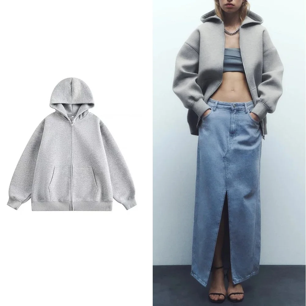 

Women's Fashion Warm Hooded Jacket Fall and Winter Gray Long Sleeve Pocket Double Zipper Jacket Commuter Casual Women Jacket