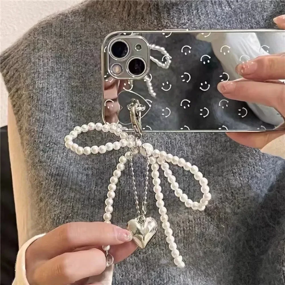 Cute Bow Imitation Pearl Keychains for Iphone Phone Case Women Fashion Heart Bag Pendant Mobile Phone Chain Kpop Jewelry