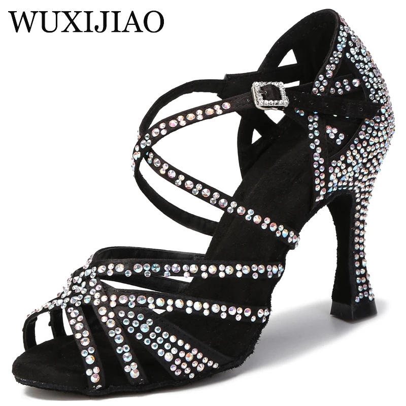 WUXIJIAO-zapatos de baile de fiesta para mujer, calzado de satén brillante con diamantes de imitación, fondo suave, zapatos de baile latino, tacón de Salsa