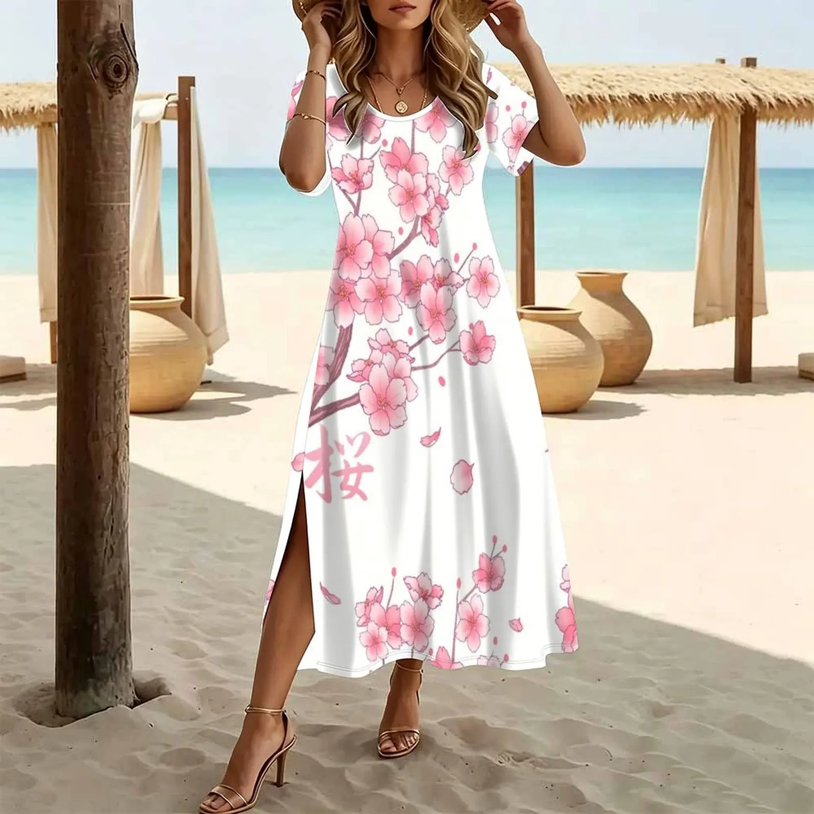 Falling Pink Sakura Cherry Blossom branches on white Women's Round Neck Short Sleeve Split Long Dress